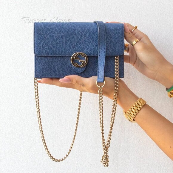 SOLD! NEW GUCCI Interlocking GG Blue Leather Crossbody Wallet On Chain Bag - Picture 8 of 15